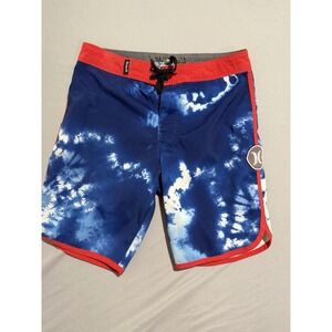 Hurley blue tie-dye, red lined swim trunks shorts,‎ big kids 10/25